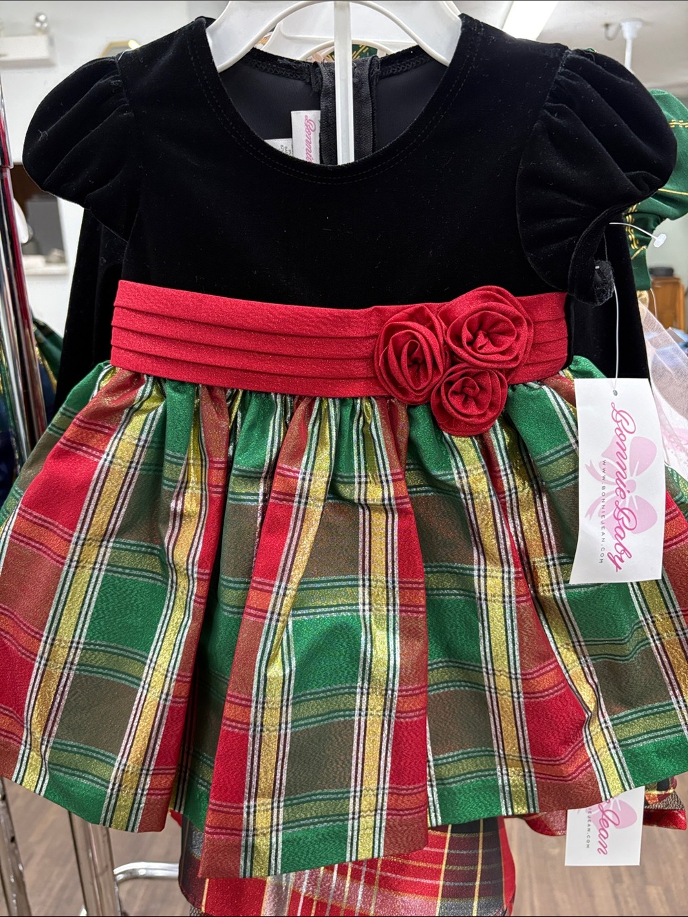 Bonnie Baby Black, Red & Green Velvet Plaid Holiday Dress